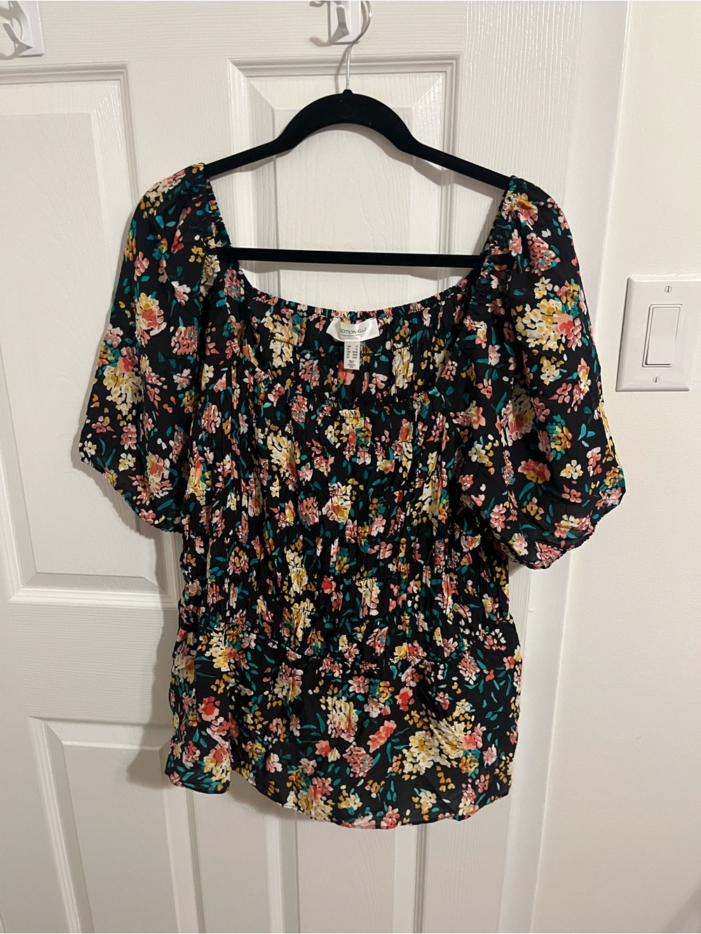 Addition Elle Floral Smocked Blouse 1X Square Neck Puff Sleeve Plus Size